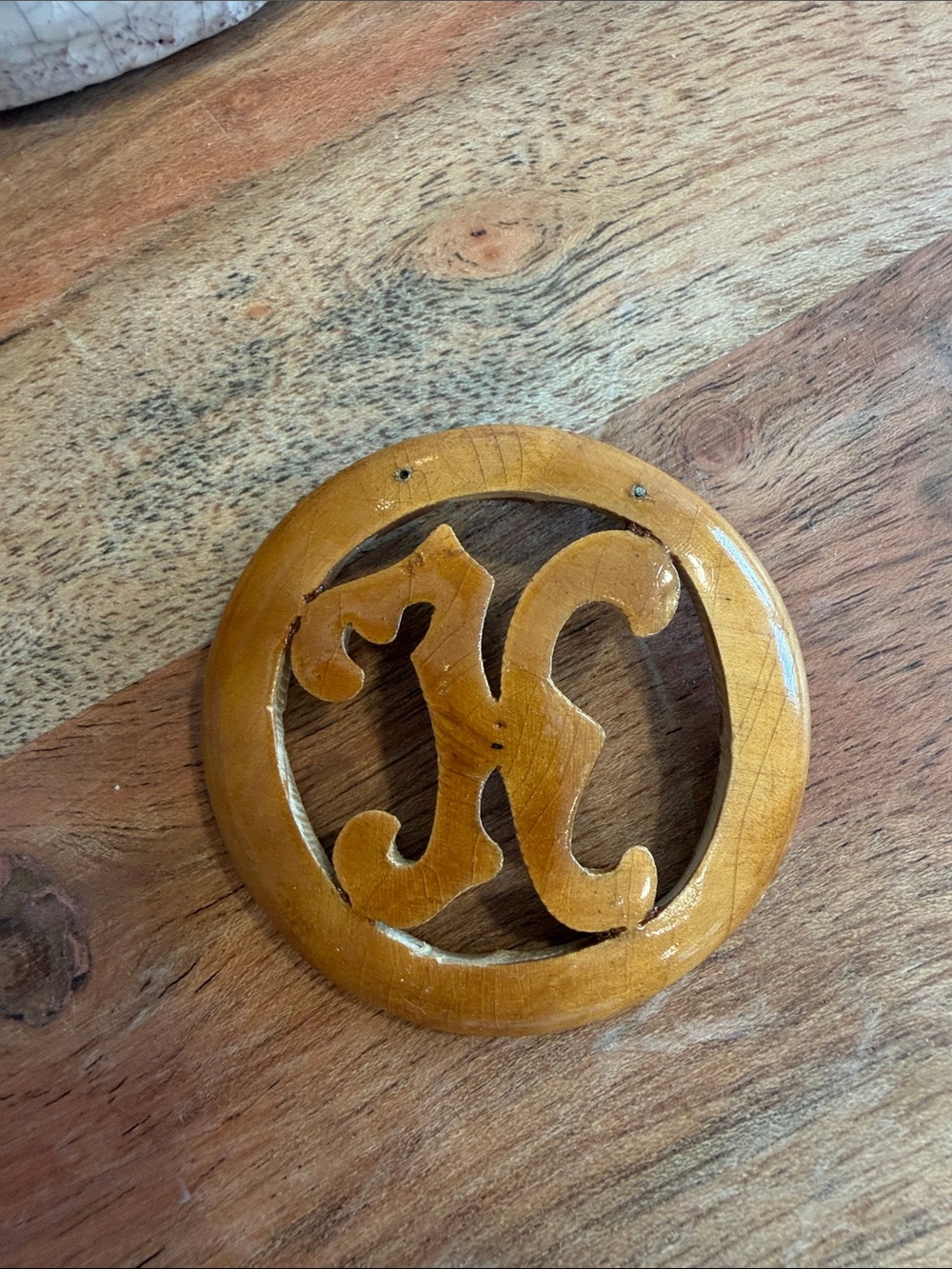 Vintage Hand Carved Wooden Letter K Brooch